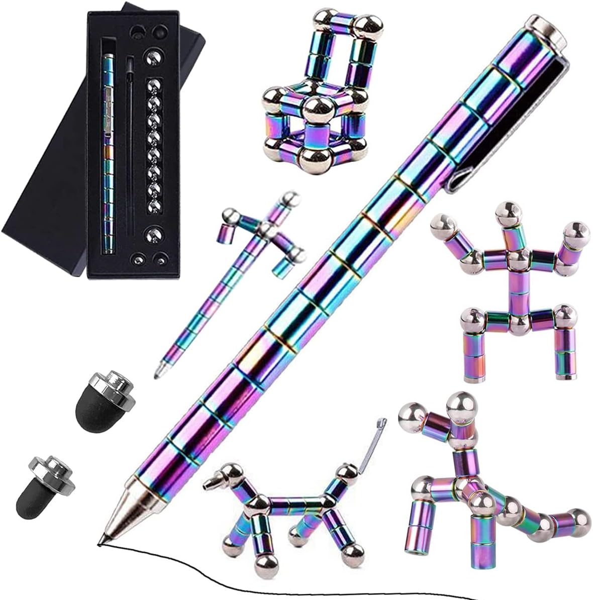 Magnetic Fidget Pen, Magnet Fidgi Pen, Jiki Crush Metric Pen Crinkle, Crushmetric Switch Strato Pens, Cool Stuff Multifunctional Deformable Magnet Writing Toy Pen, Best Gift for Friends (Rainbow)
